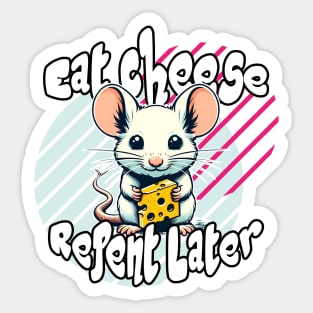 Eat Cheese, Repent Later: Whimsical Mouse in Yellow and Blue Sticker